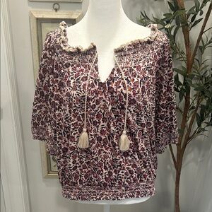 Lucky Brand Boho Floral Tassel Peasant Top - Cream and Burgundy